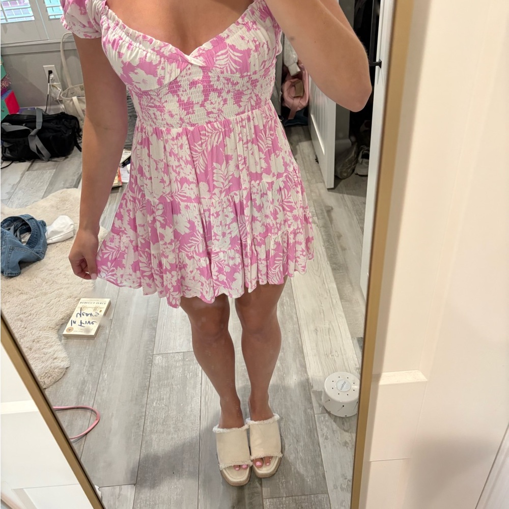 Pink and White Puff Sleeve Mini Sundress